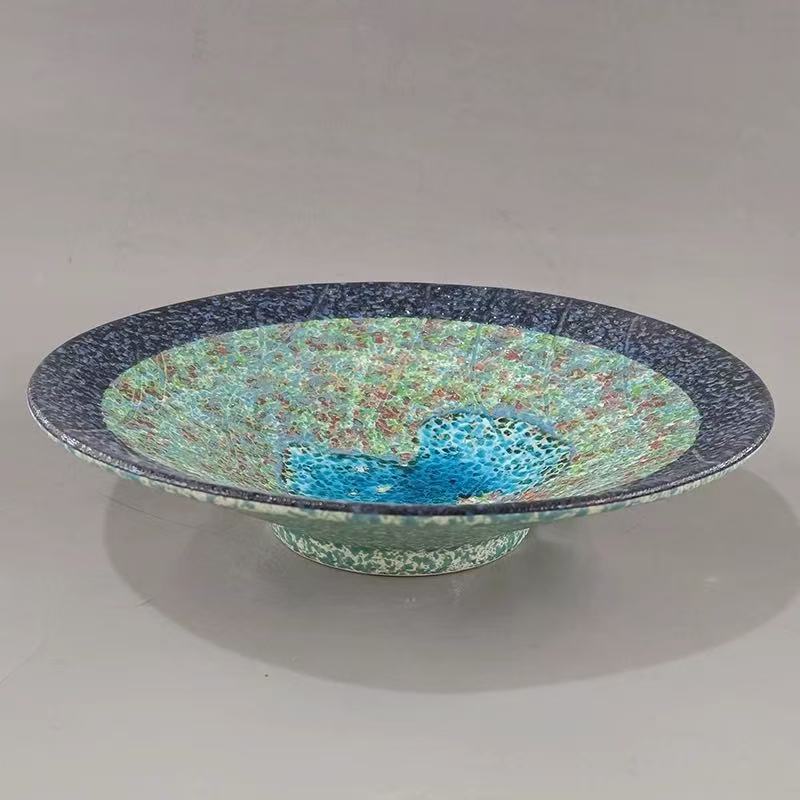 Chefco, 10" Japanese sushi plate, Ceramic cracked glass turquoise green fritte glass bowl (PTC00326)