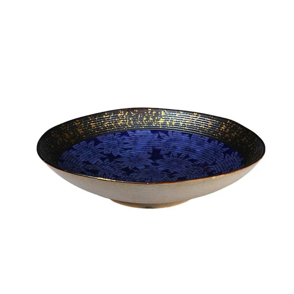 Chefco,BL3509,13.5" Ceramic Blue Round Blow with Sakura & Golden Flake Pattern,Dia34.3cm/13.5"x H9cm/3.5" - Chefcoca