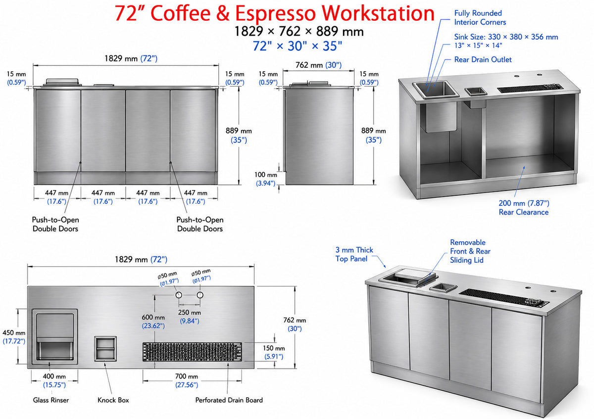SE-CES723035, 304 Stainless steel, 72" Coffee & Espresso Workstation  72" x 30.00" × 35.00"