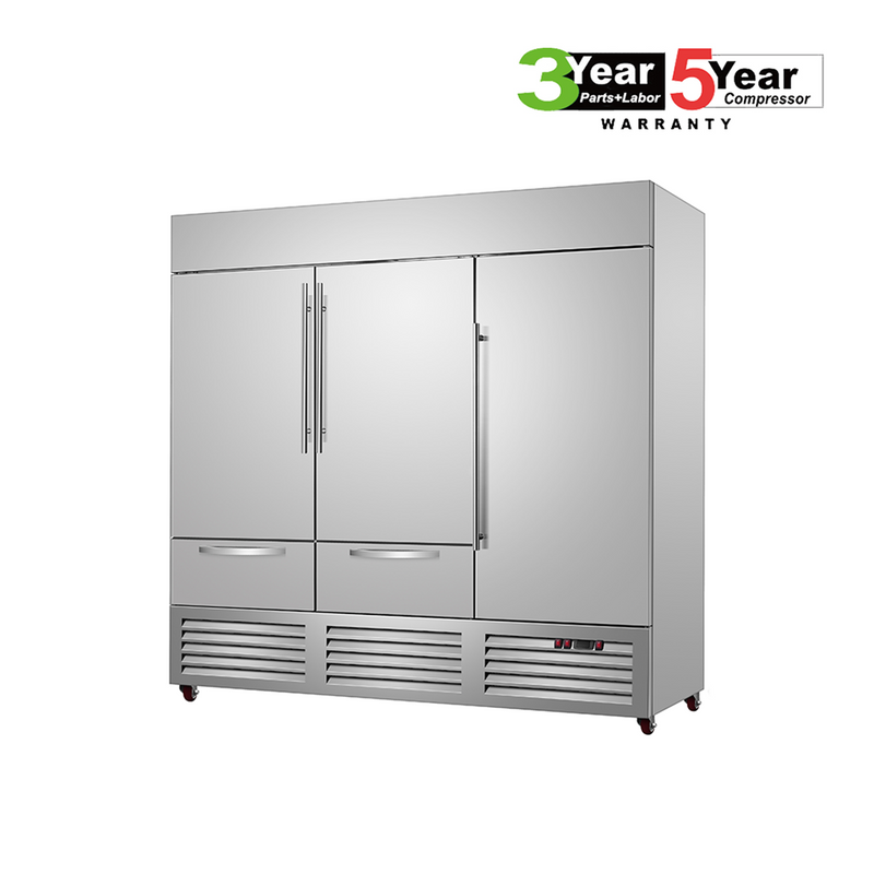 Sub-Equip, C-81BR-2D 81"Solid Triple Door Reach-in Cooler With Two Drawers