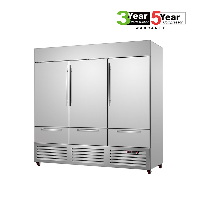 Sub-Equip, C-81BR-3D 81"Solid Triple Door Reach-in Cooler With Three Drawers