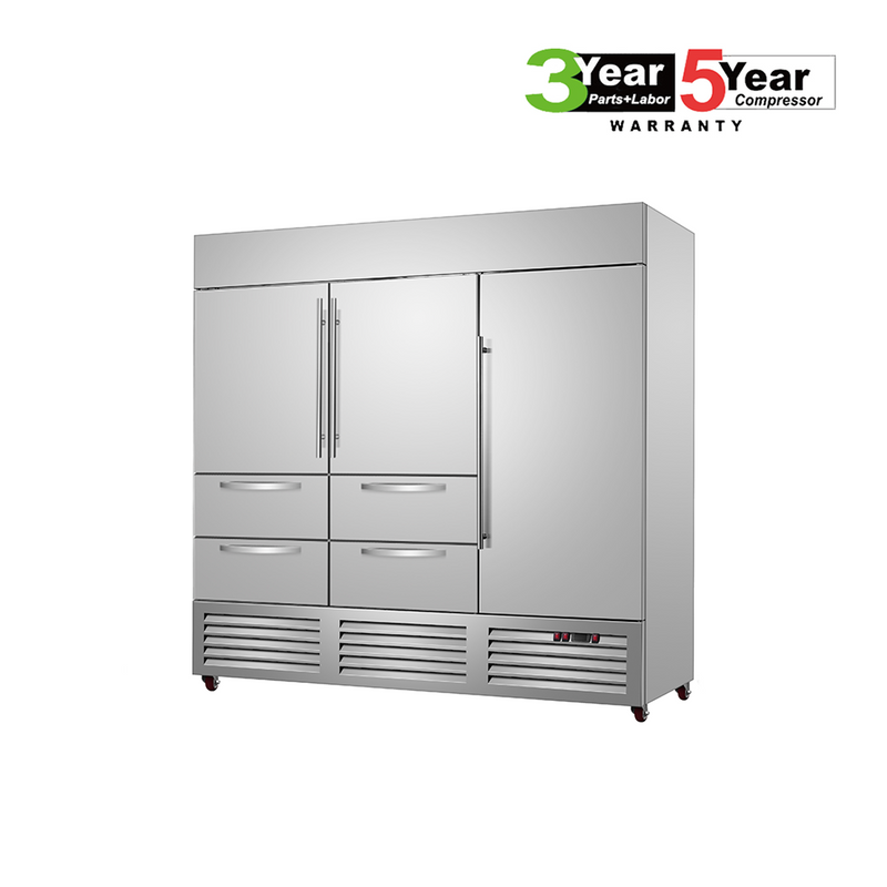 Sub-Equip, C-81BR-4D 81"Solid Triple Door Reach-in Cooler With Four Drawers