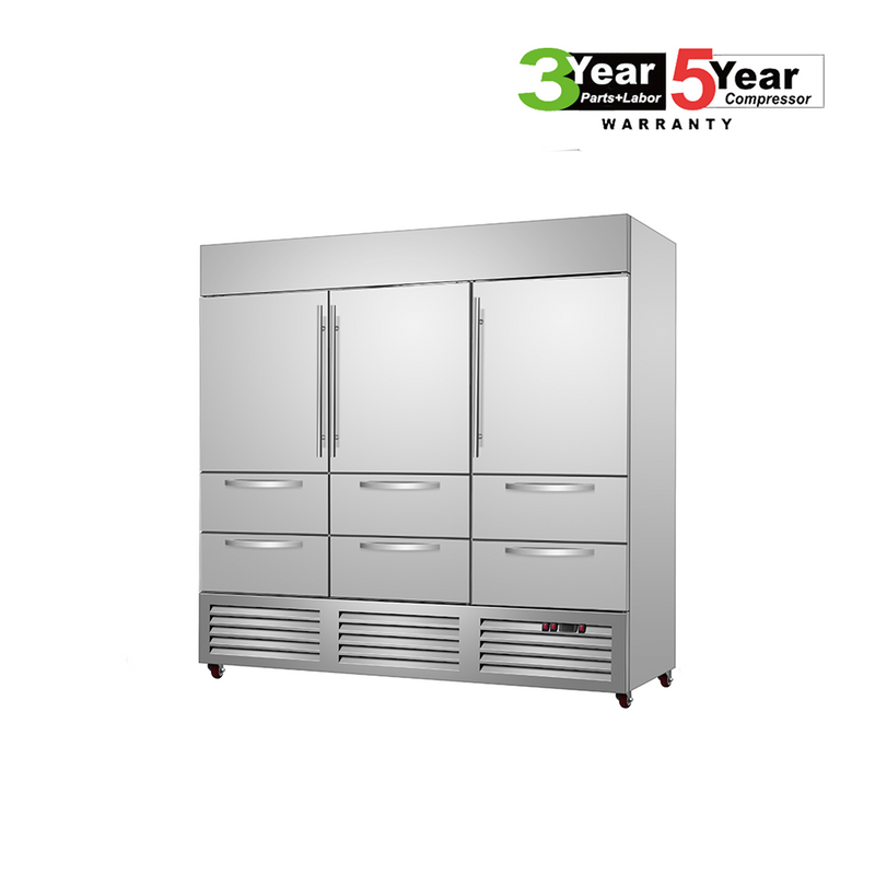 Sub-Equip, C-81BR-6D 81"Solid Triple Door Reach-in Cooler With Six Drawers