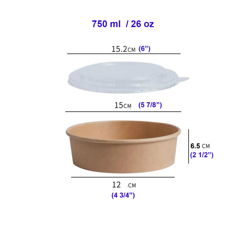 300 Sets, 750ml, ECO Friendly disposable Kraft Paper Bowls with Lids
