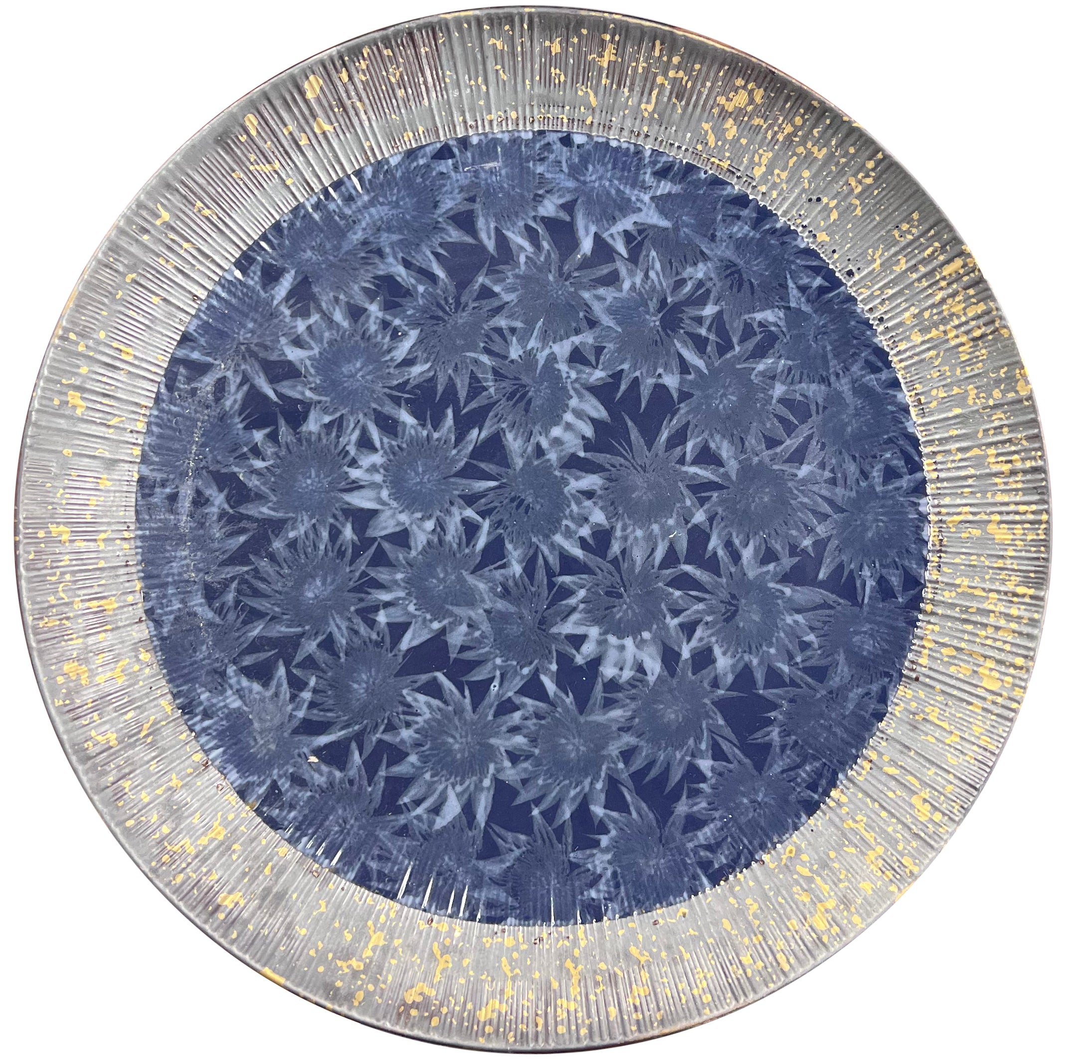 (BL4204)  16.5" Dia Ceramic Blue Round Plate with Sakura & Golden flake Pattern