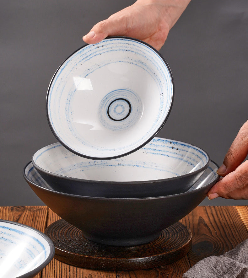 Round Melamine Bowl, Dark grey outer with white inner, Blue Circle inner (BT20-043)