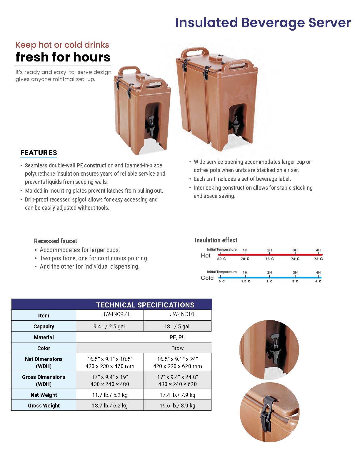 Insulated Transport Beverage Dispenser (JW-INC9.4L/JW-INC18L) - Chefcoca