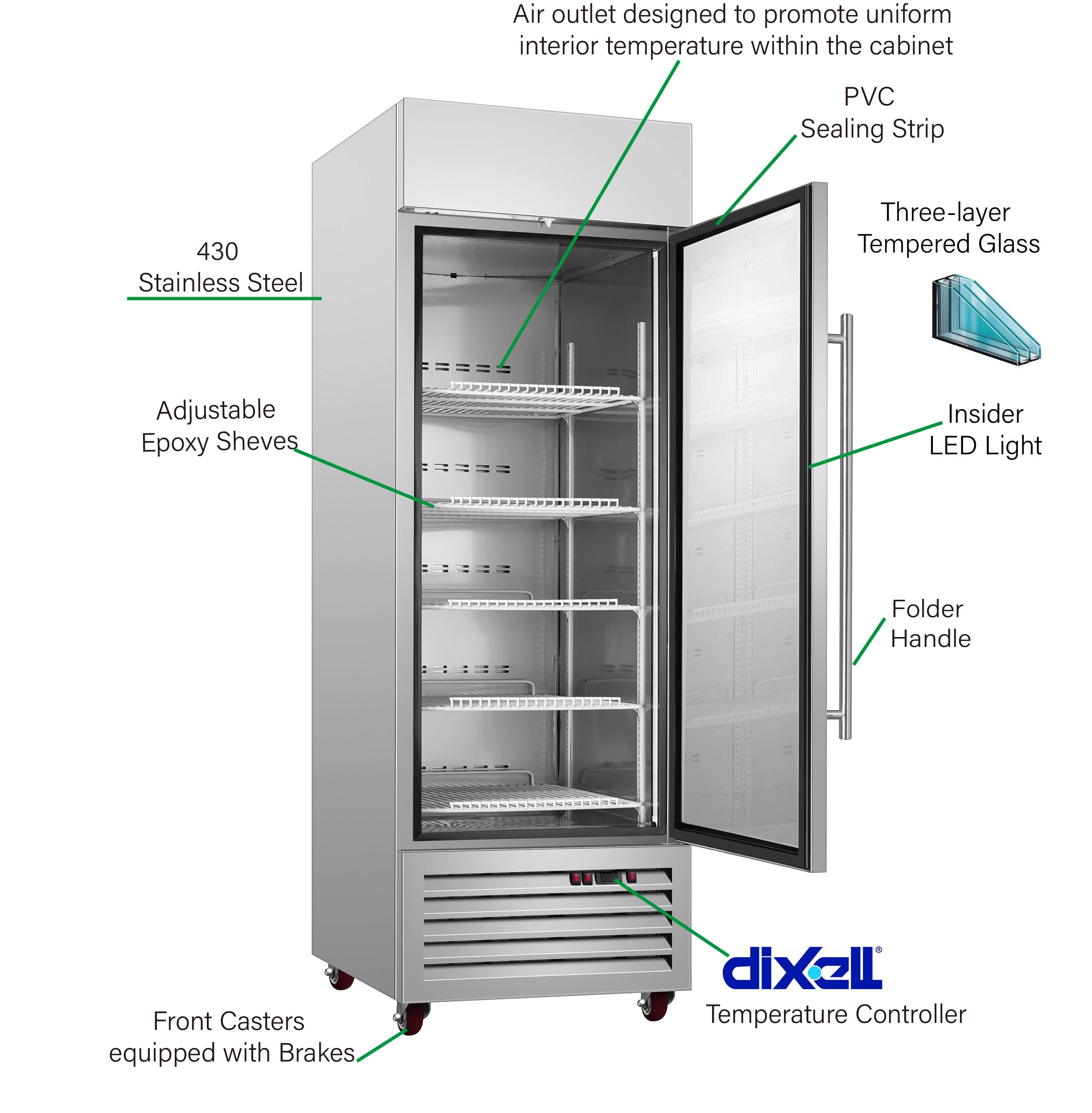 Sub-Equip, 23" Glass Single Door Reach-In Refrigerator,Free Shipping (C-13RG)