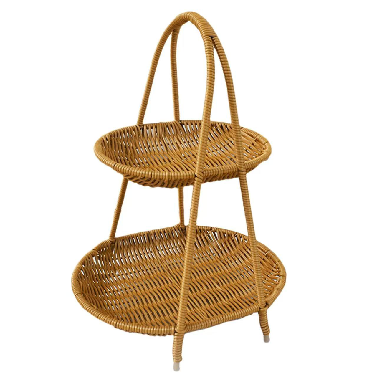 Chefco, RCB-2016-2,Food Serving Basket Storage Rack Imitation Rattan Versatile Countertop Organizer Fruit Snacks Holder with Top Handle Two Layers