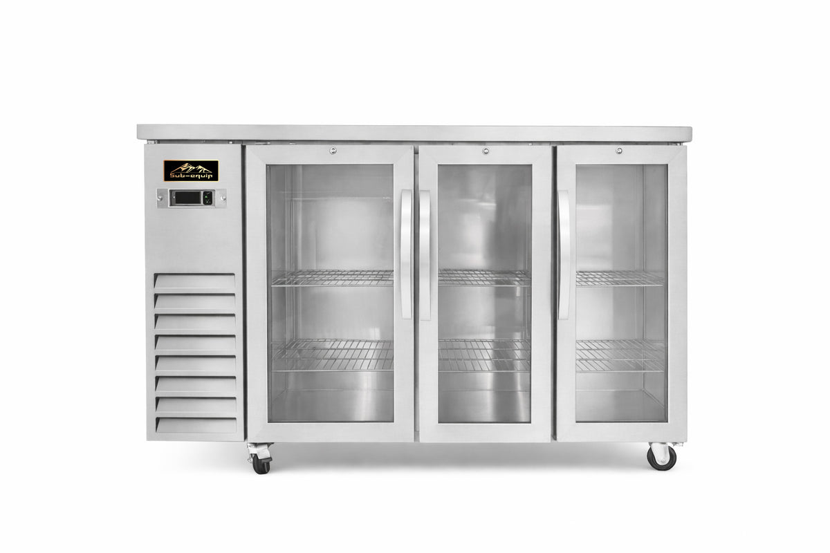 Sub-equip, CBB27-72-3HG-S, 72"  Stainless Steel Countertop height Glass Door Back Bar Refrigerator with LED Lighting (72"W x 27.5"D x 41.6"H)