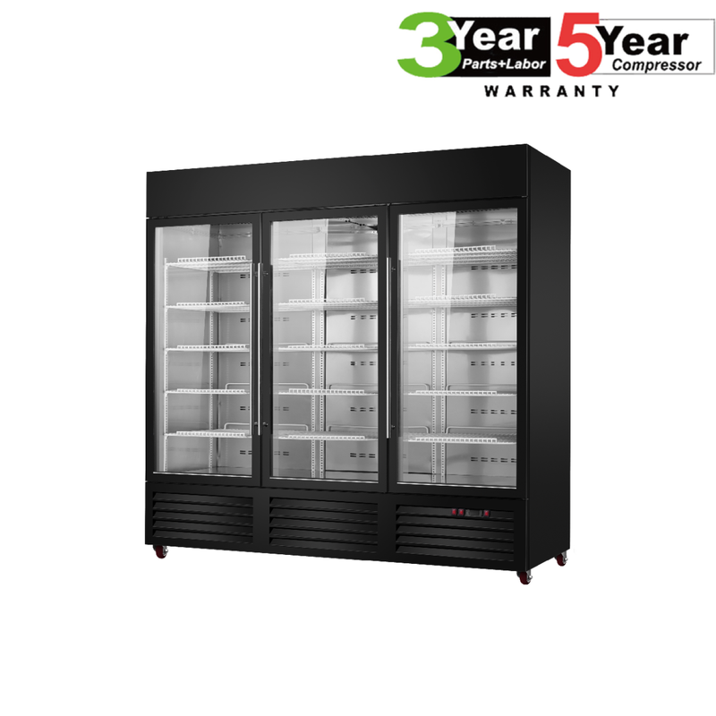 Sub-Equip, CDM-B72F 81" Black Swing Glass Door Merchandiser Freezer With 3 Doors