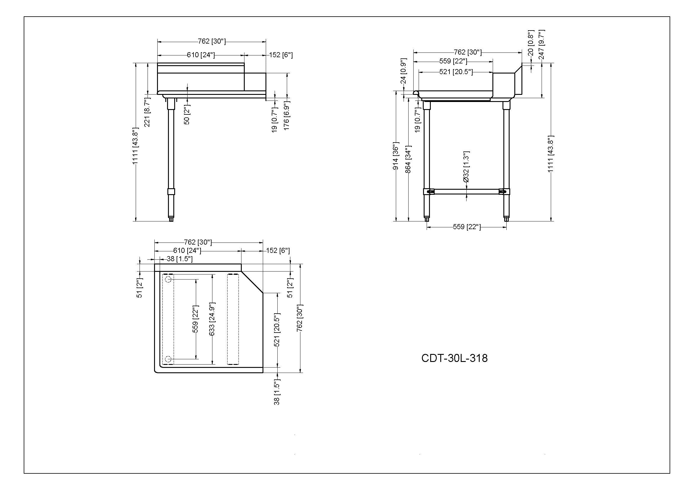 Metal 304, CDT-30L-318, Left Side 18 Gauge 304 Series Stainless Steel Clean Dish Table (30" x 30" x 43.8")