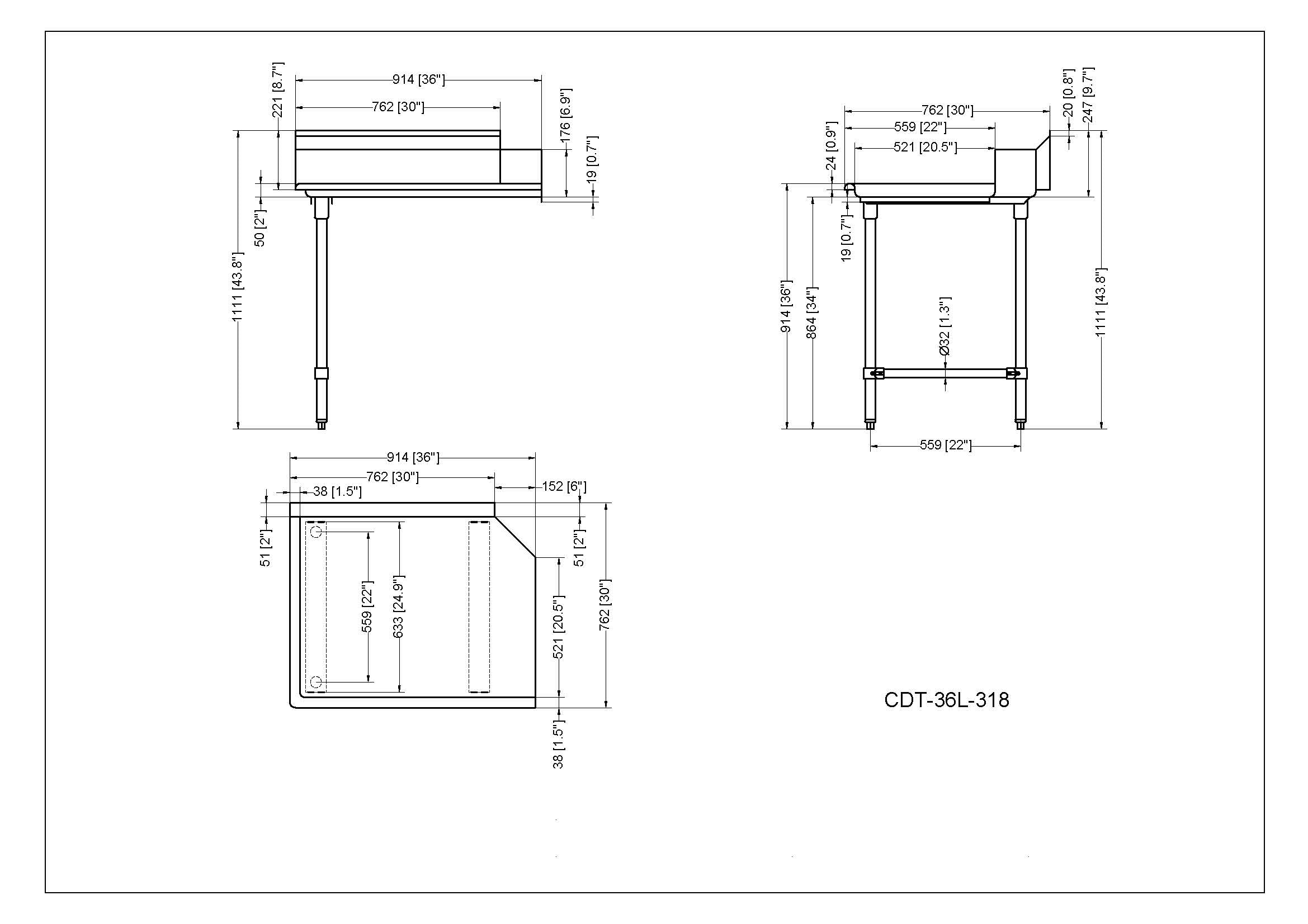 Metal 304, CDT-36R-318,Right Side 18 Gauge 304 Series Stainless Steel Clean Dish Table (30" x 36" x 43.8")