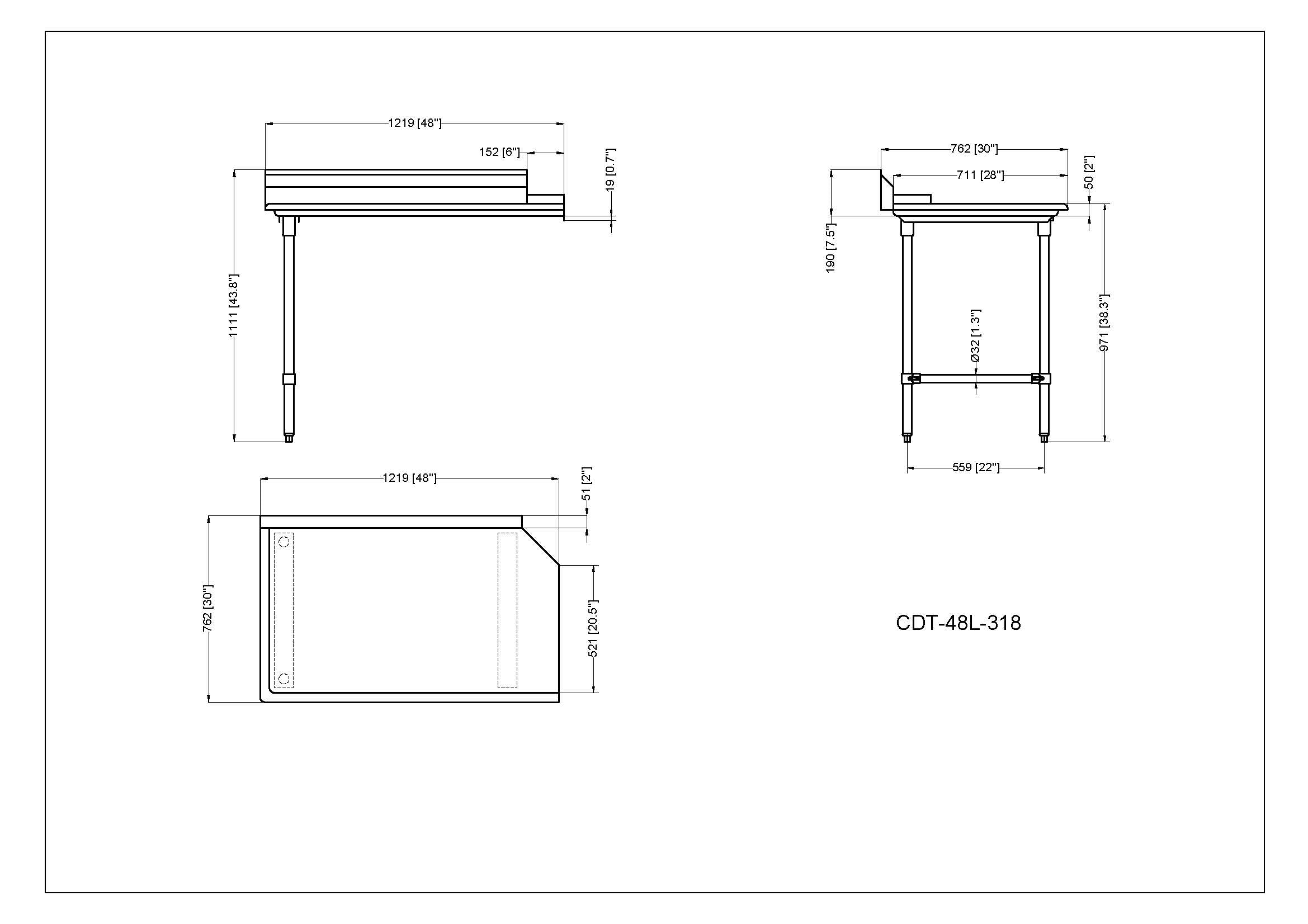 Metal 304, CDT-48L-318, Left Side 18 Gauge 304 Series Stainless Steel Clean Dish Table ( 30" x 48" x 43.8")