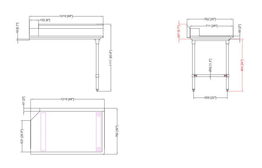 Metal 304, CDT-48R-318,Right Side 18 Gauge 304 Series Stainless Steel Clean Dish Table (30" x 48" x 43.8") - Chefcoca