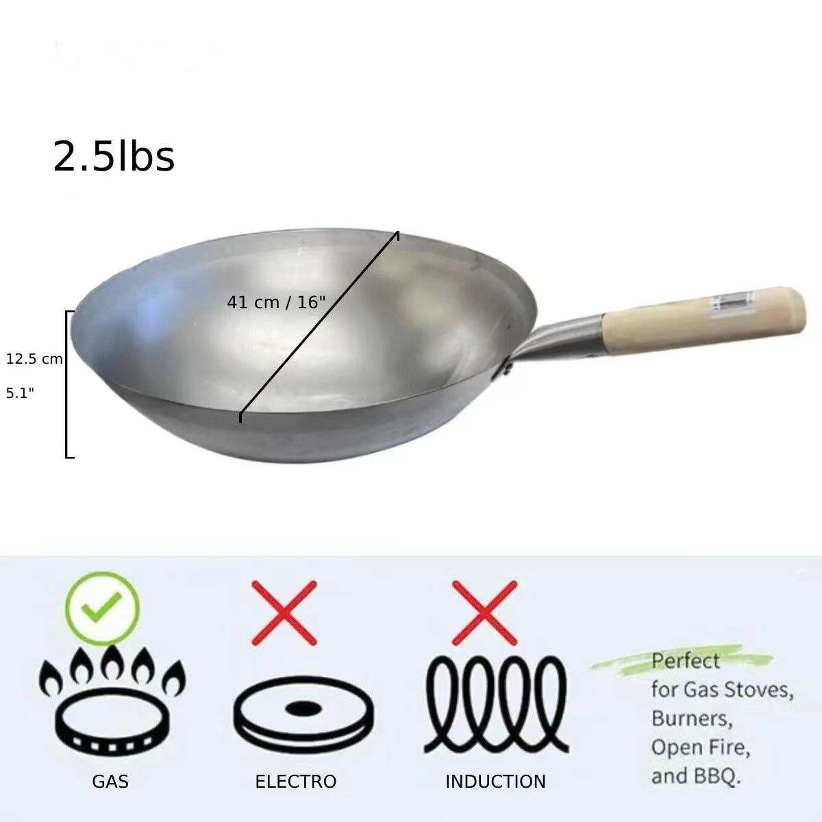 CHEFCO, 16161W,Deep Single Wooden Handle Wok, 16" - Chefcoca