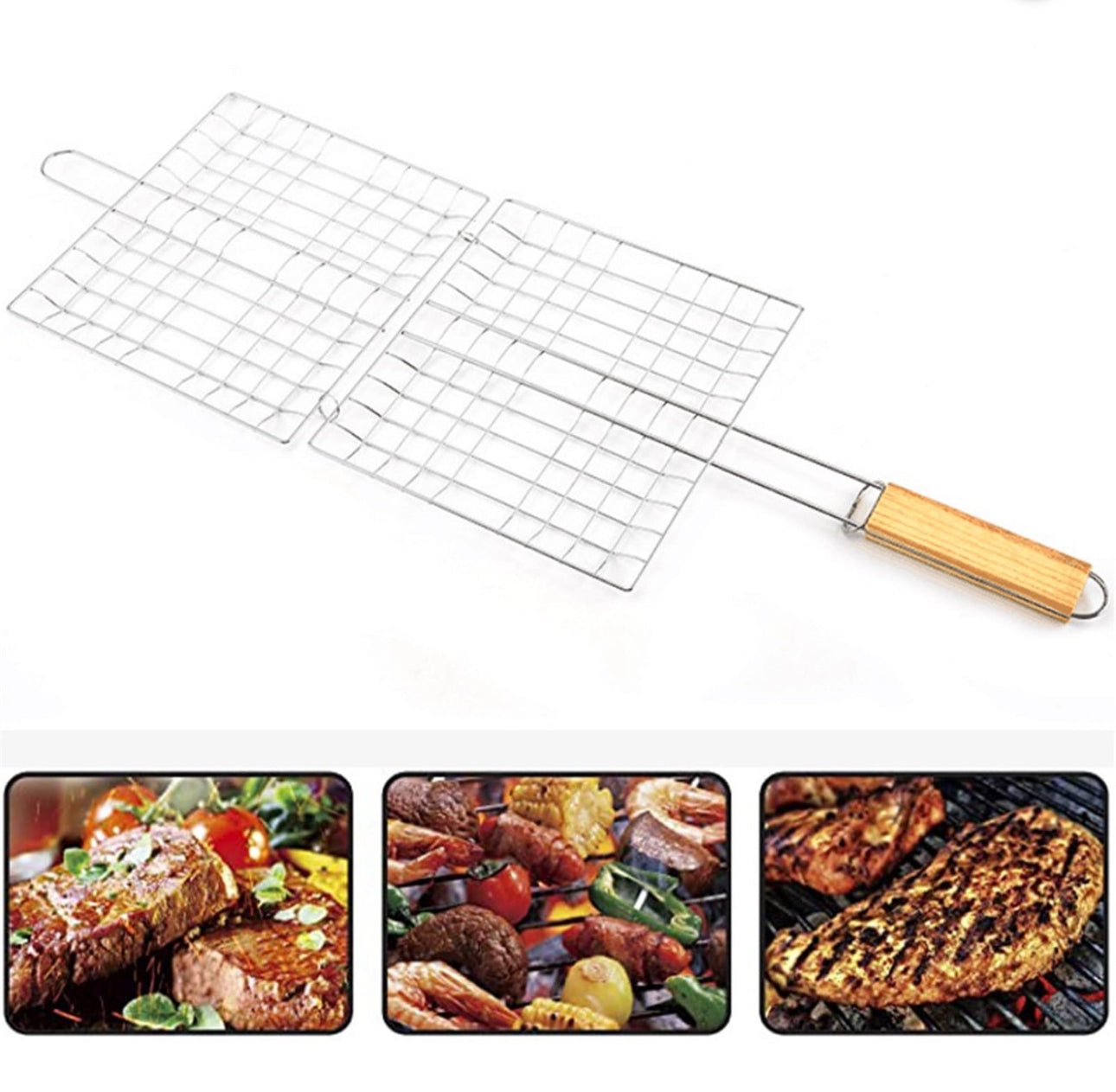 CHEFCO,BBQ-4124,Handheld Stainless Steel BBQ Grill Net Basket(41cmLx23cmW) - Chefcoca