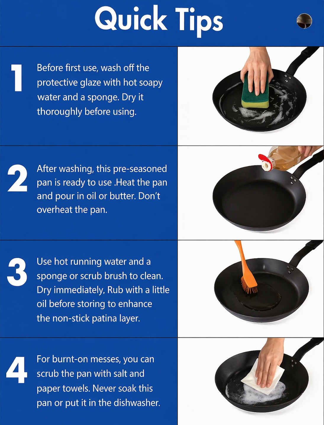 Sub-equip,BSFP-8,8"/20cm Dia Blue Carbon Steel Fry Pan with Silicone Grip Handle - Chefcoca