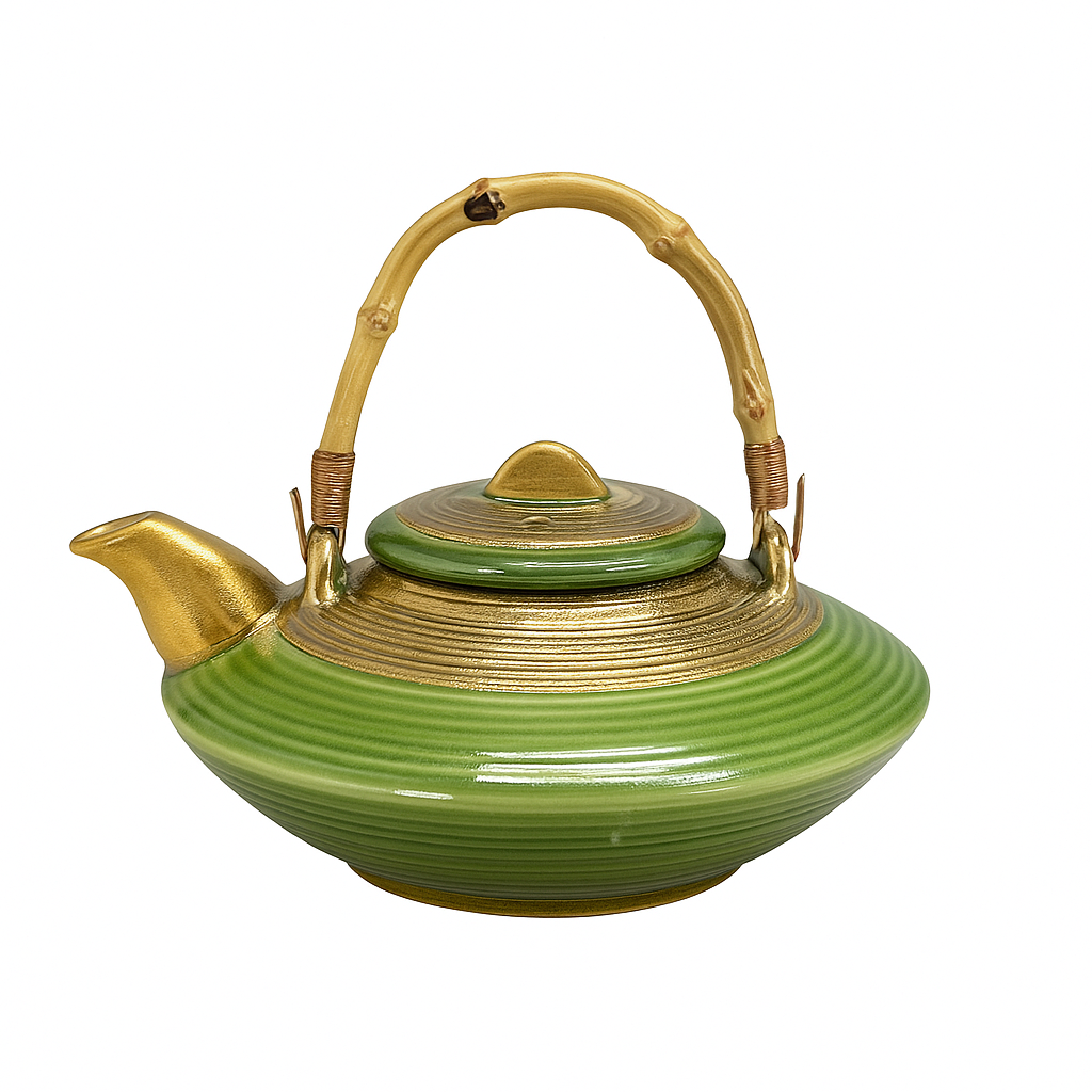 CHEFCO, CPT-8, Ceramic Green Kiln Teapot with Golden Spout