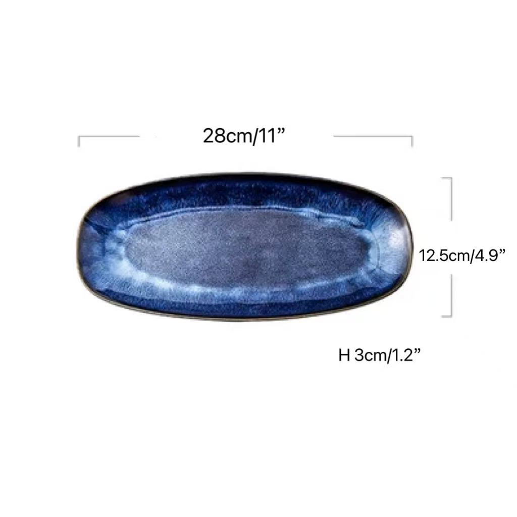 CHEFCO,DB281303, Cat's Eye Blue Kiln Glazed Oval Plate (L11''/28cm"x W4.9"/12.5cm x H1.2"/3cm) - Chefcoca