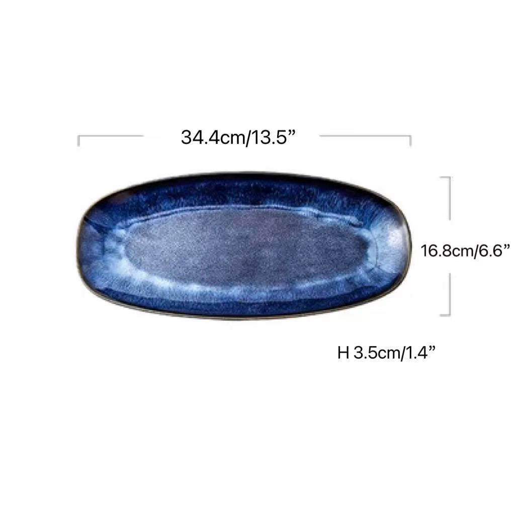 CHEFCO,DB351704, Cat's Eye Blue Kiln Glazed Oval Plate (L13.5''/34.4cm"x W6.6"/16.8cm x H1.4"/3.5cm) - Chefcoca