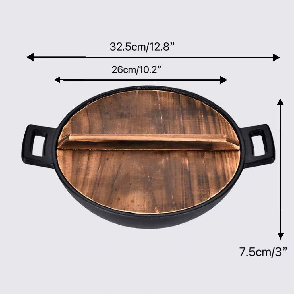 CHEFCO,IBS-26W, 26CM/10.2" Cast Iron Flat Bottom Serving Pot With Double Handle & Wood Cover - Chefcoca