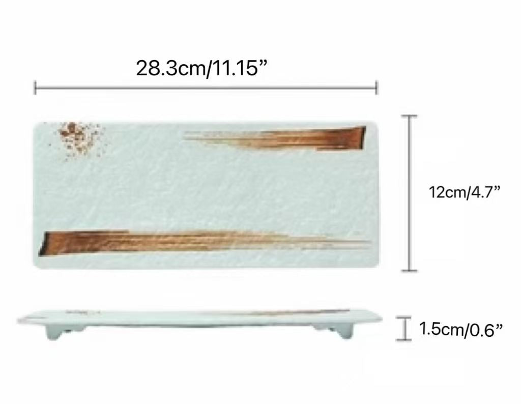 CHEFCO, JM16161LG,  Melamine Light Green Rectangular Flat Plate with Brown Ink Streak pattern(L28.3cm/11.15" x W 12cm/4.75") - Chefcoca