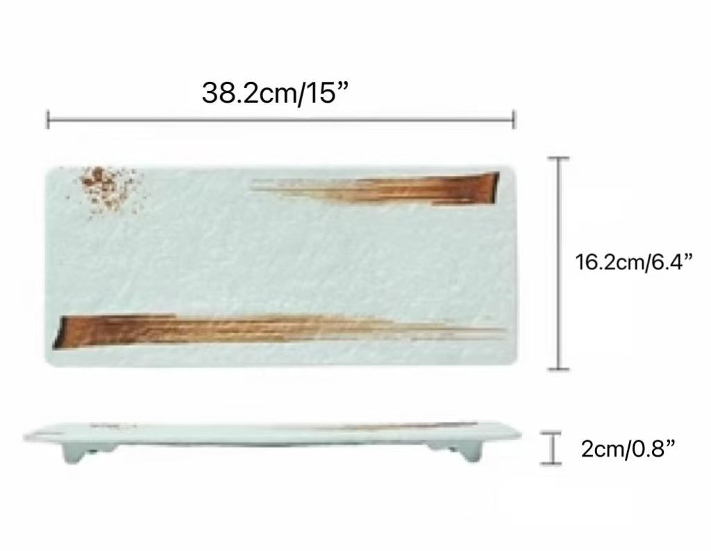 CHEFCO, JM16163LG,  Melamine Light Green Rectangular Flat Plate with Brown Ink Streak pattern(L38.2cm/15" x W 16.2cm/6.4") - Chefcoca