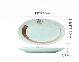 CHEFCO, JM169153LG, 11" Melamine Light Green Oval Plate with Brown Ink Streak pattern - Chefcoca