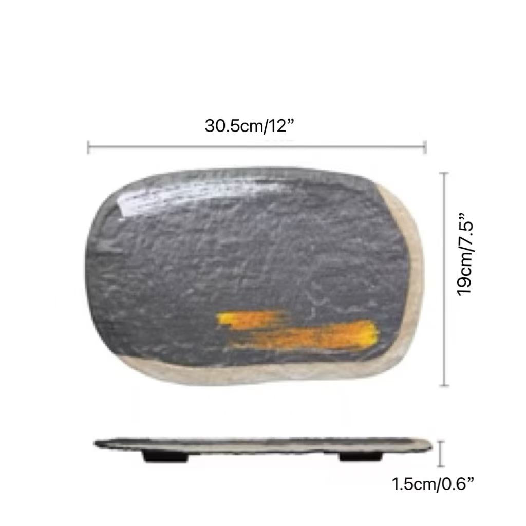 CHEFCO, JM169164, 12" Melamine Black Oval Plate with White & Golden Pattern - Chefcoca