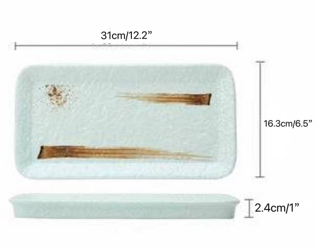 CHEFCO, JM169176LG,Melamine Light Green Rectangular Beveled Plate with Brown Ink Streak pattern(L 31cm/12.2"x W 16.3cm/6.5") - Chefcoca
