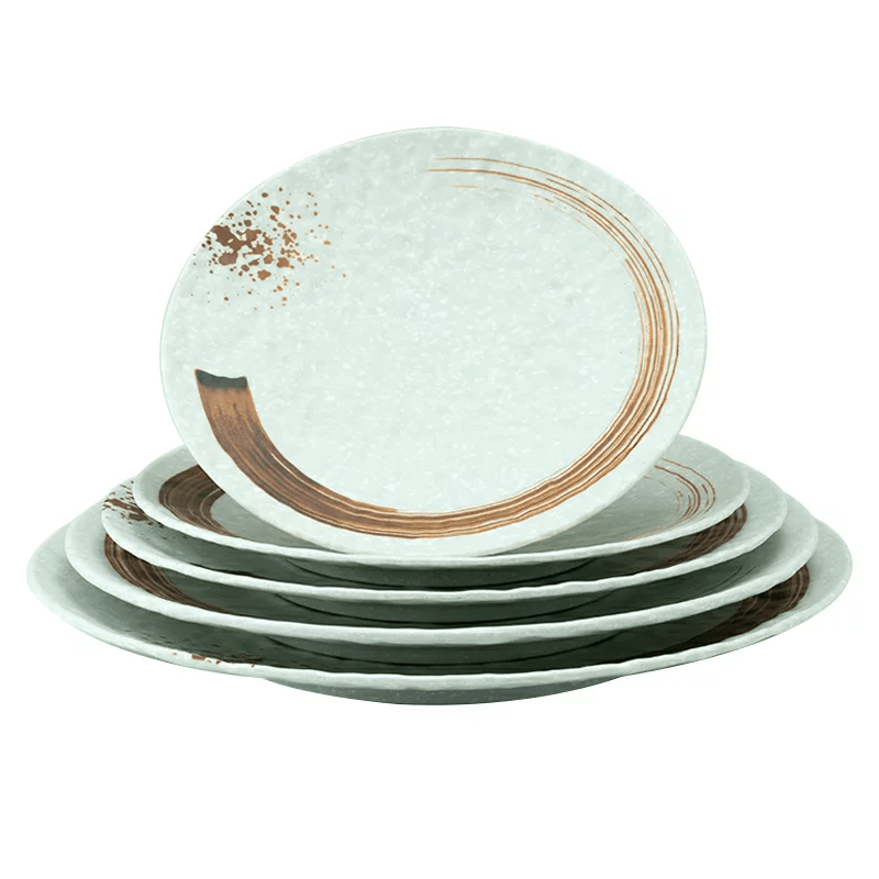 CHEFCO, JM169192LG, 11.4" Melamine Light Green Round Flat Plate with Brown Ink Streak Pattern - Chefcoca