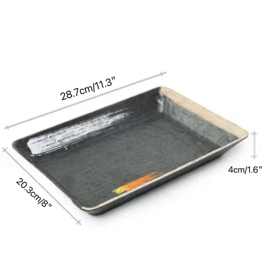 CHEFCO, JM169213, 11.4" Melamine Black Rectangular Deep Plate with White & Golden Pattern - Chefcoca