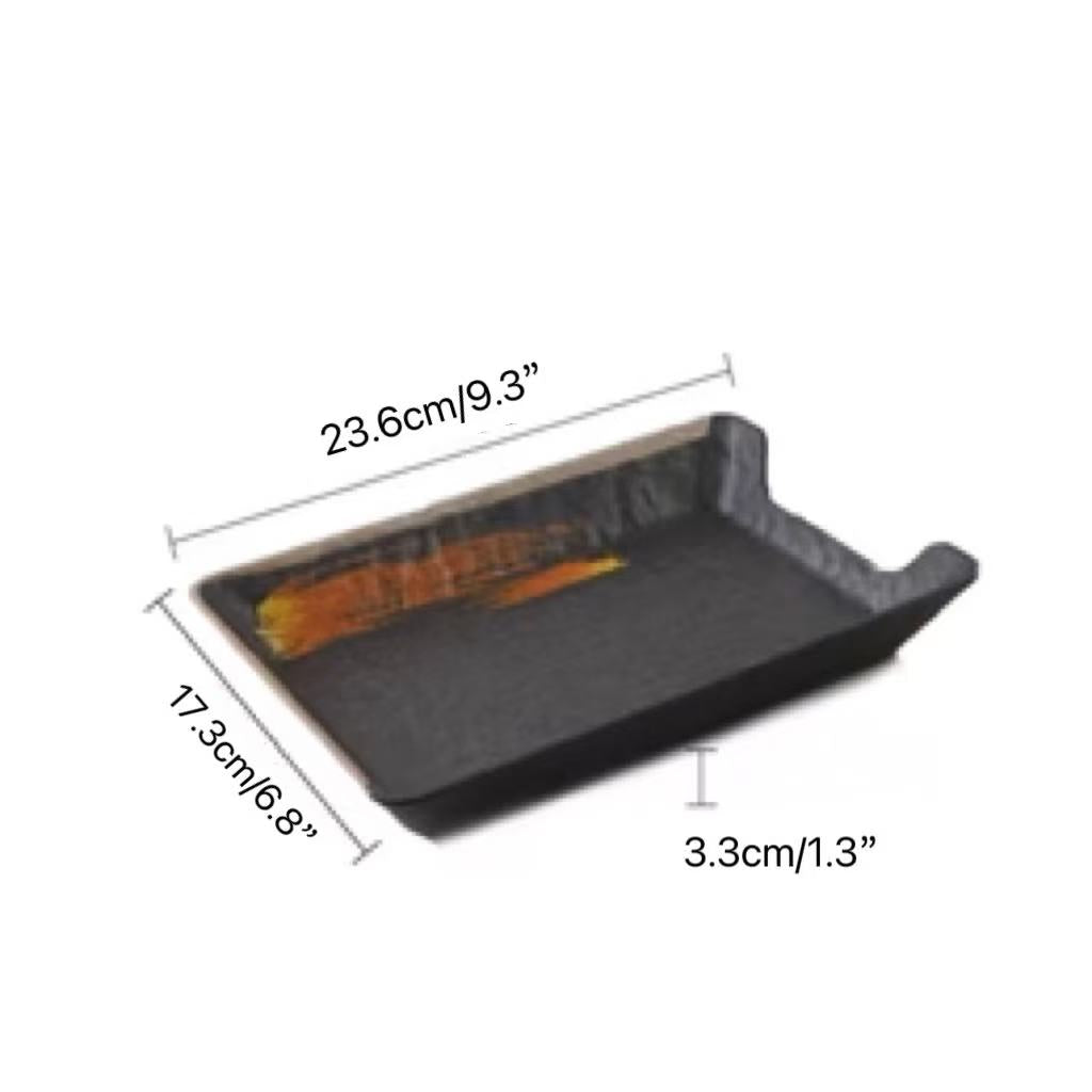 CHEFCO, JM169214, 9.4" Melamine Black Rectangular Deep Plate with White & Golden Pattern - Chefcoca