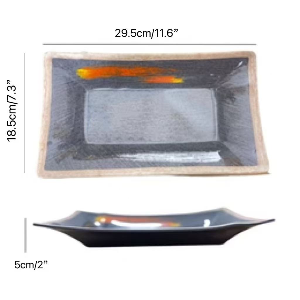 CHEFCO, JMC247, 11.6" Melamine Black Rectangular Plate with White & Golden Pattern - Chefcoca