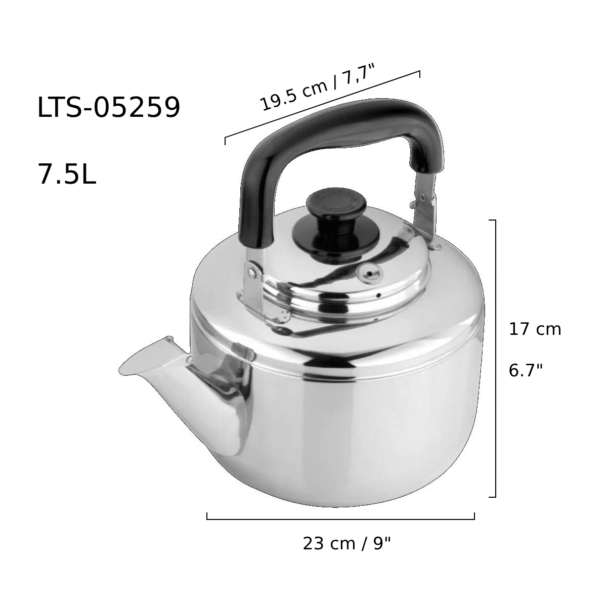CHEFCO, LTS-05259, Théière en acier inoxydable avec poignée noire, 7,5 L