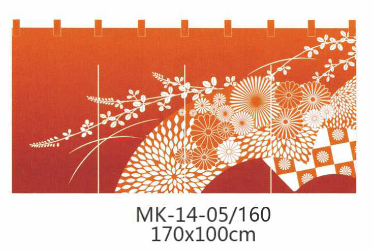 Rideau de porte extra-long orange à quatre panneaux de style japonais avec motif de feuilles (MK-14-05)