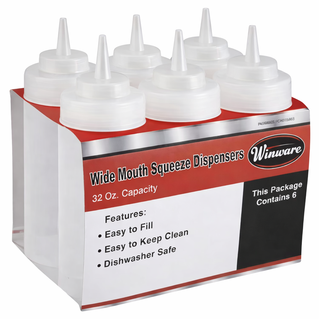 CHEFCO,PSW/32CL/PSW-32, 32oz Squeeze Bottles, Wide Mouth, Clear, 6pcs/pk - Chefcoca