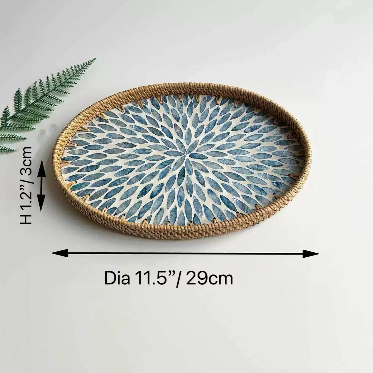 CHEFCO,RRT-29BU, 11.5"/29cm Dia Round Rattan Serving Tray with Blue Mother Of Pearl Inlay Base - Chefcoca