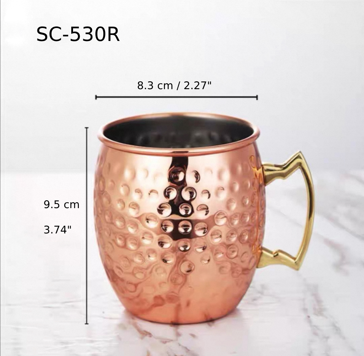 CHEFCO, SC-530R, Mug Moscow Mule en acier inoxydable or rose avec anse et finition martelée