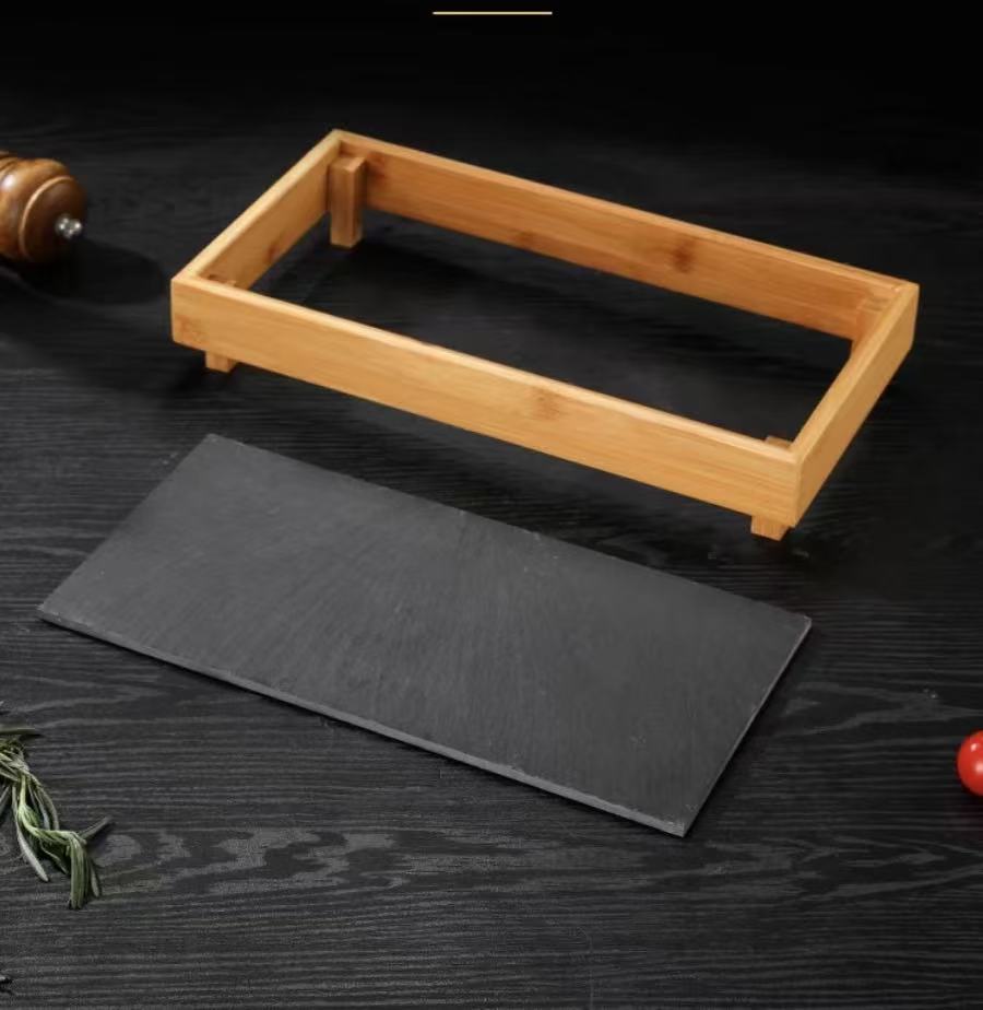 CHEFCO,ZIP-42276, Stone Grill Plate with Bamboo Tray( 42cm/16.5" L× 22cm/8.7"Wx6cm/2.4"H） - Chefcoca