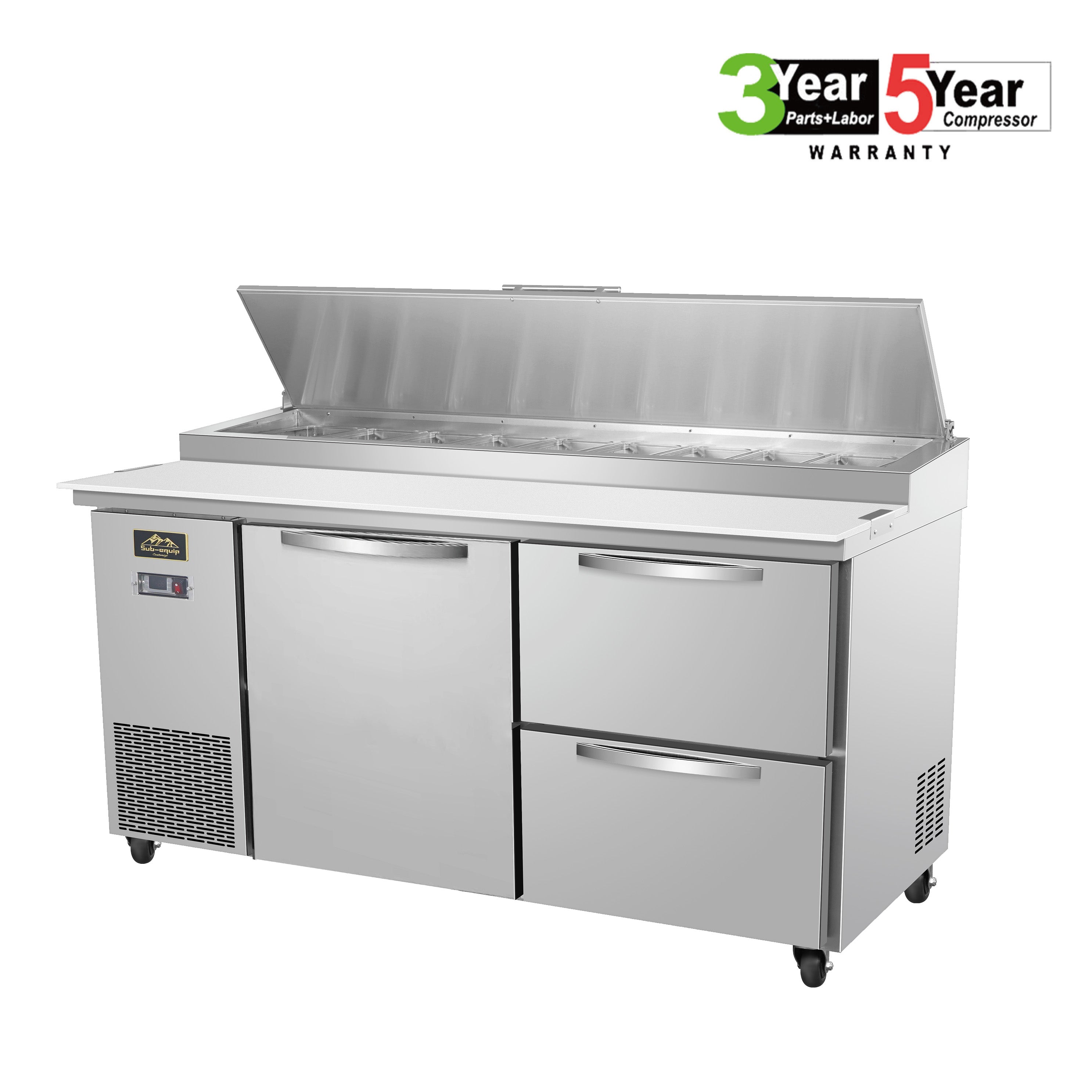 Sub-equip, 72" 2 Door Refrigerated Pizza Prep Table with 2 drawers