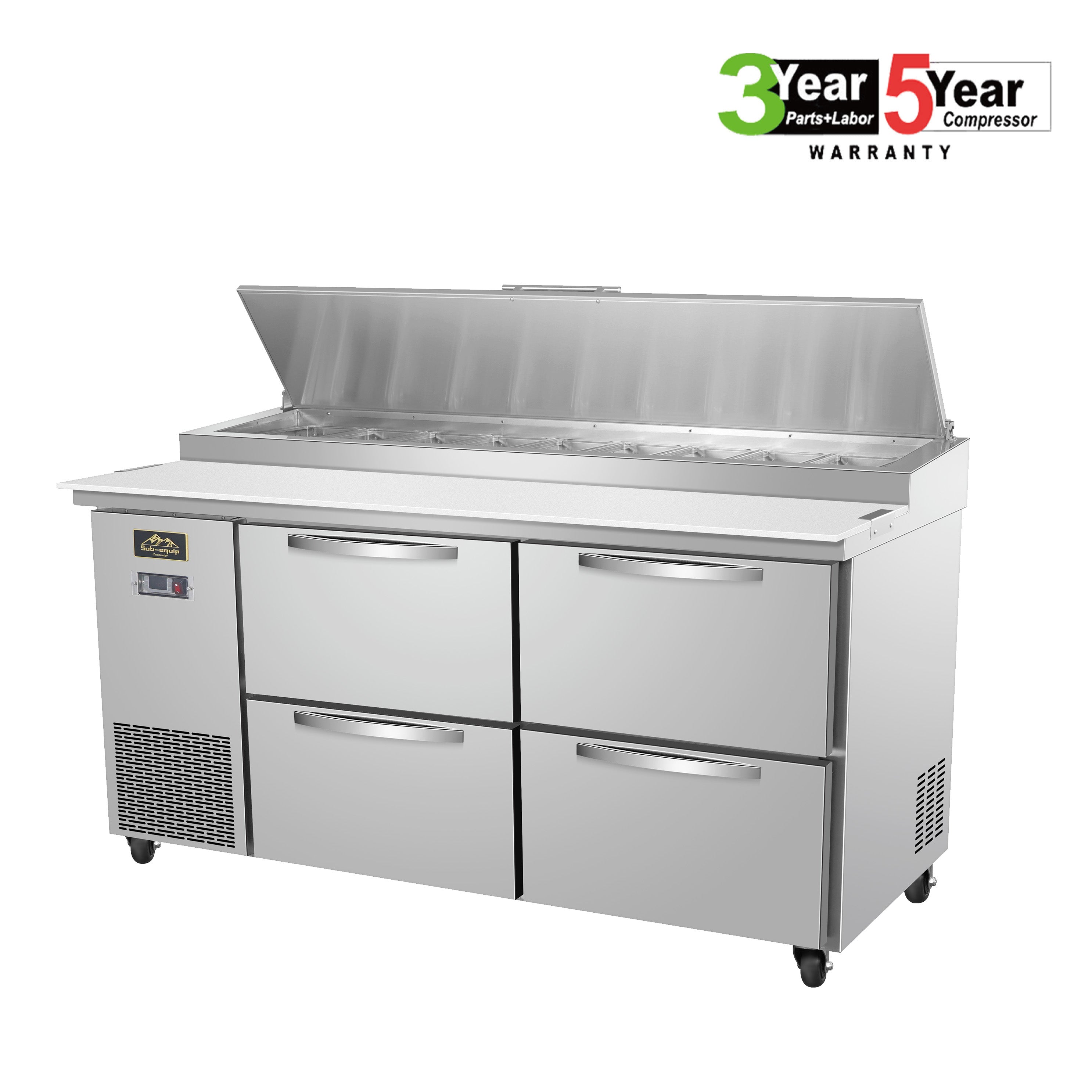 Sub-equip, 72" 2 Door Refrigerated Pizza Prep Table with 4 drawers