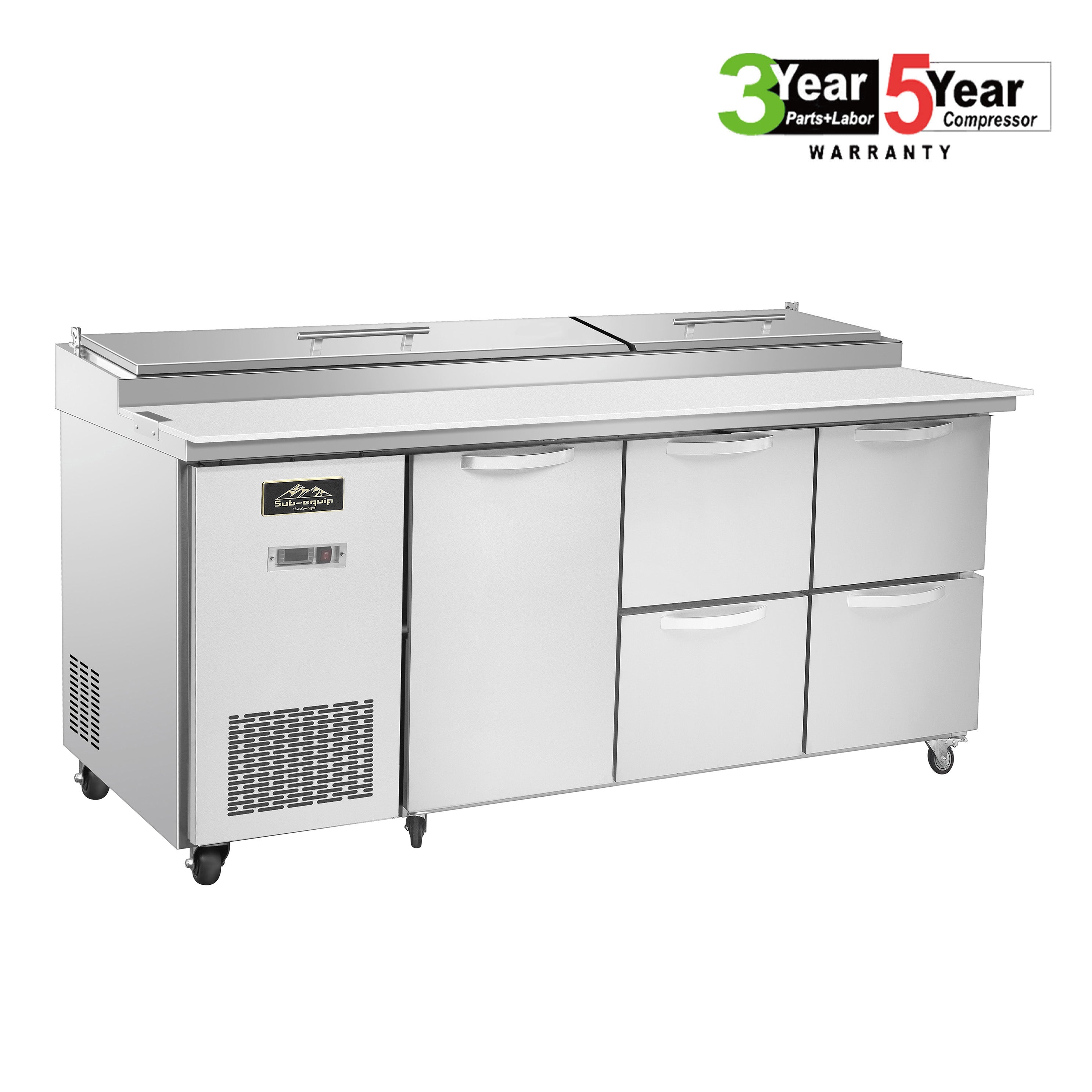 Sub-equip, 96" 1 Door Refrigerated Pizza Prep Table with 4 Drawers