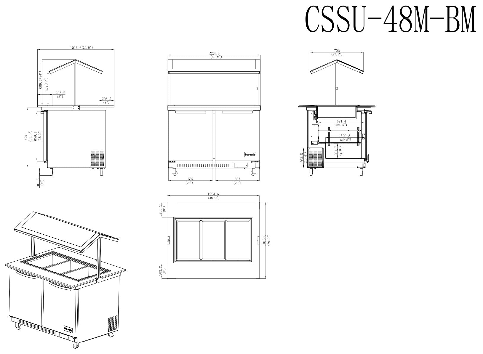 Sub-equip, CSSU-48M-BM, 48" salad and sandwich Prep Table with Glass Shield, Quartz stone countertop - Chefcoca