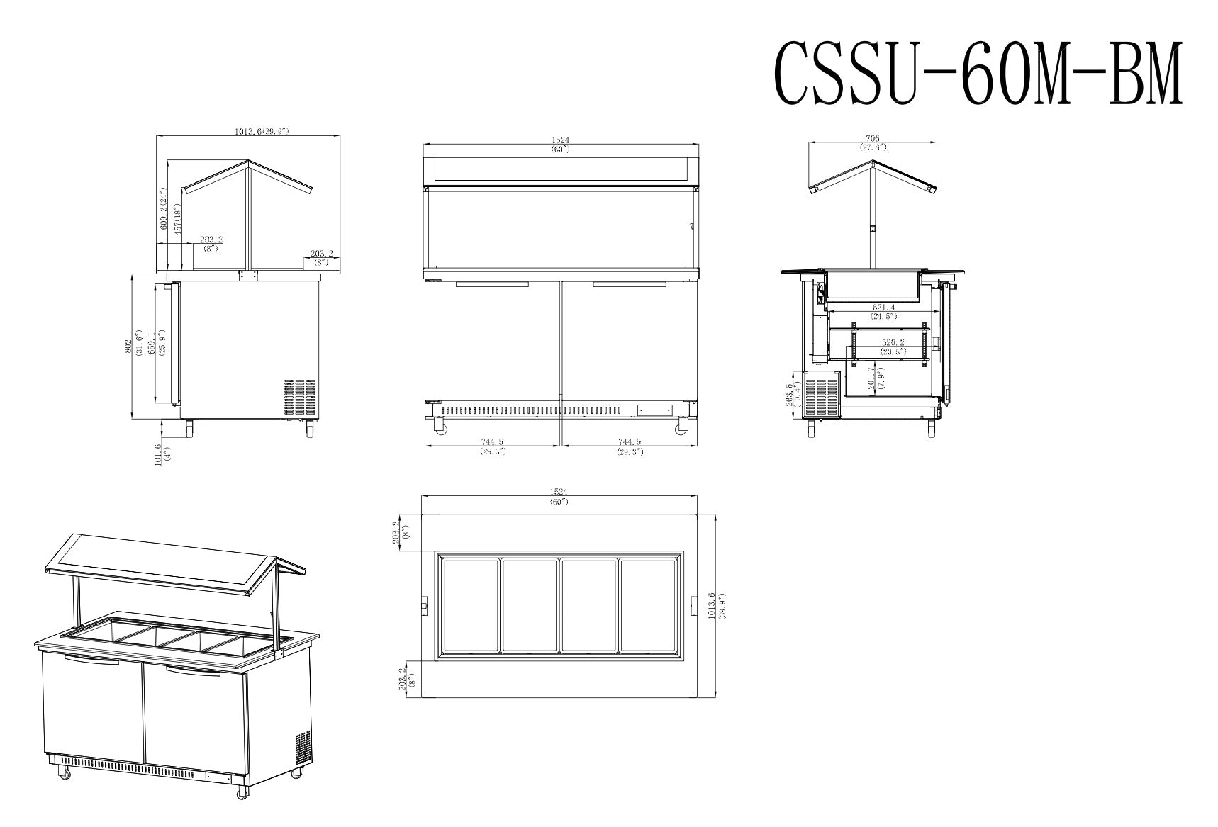 Sub-equip, CSSU-60M-BM, 60" salad and sandwich Prep Table with Glass Shield, Quartz stone countertop - Chefcoca
