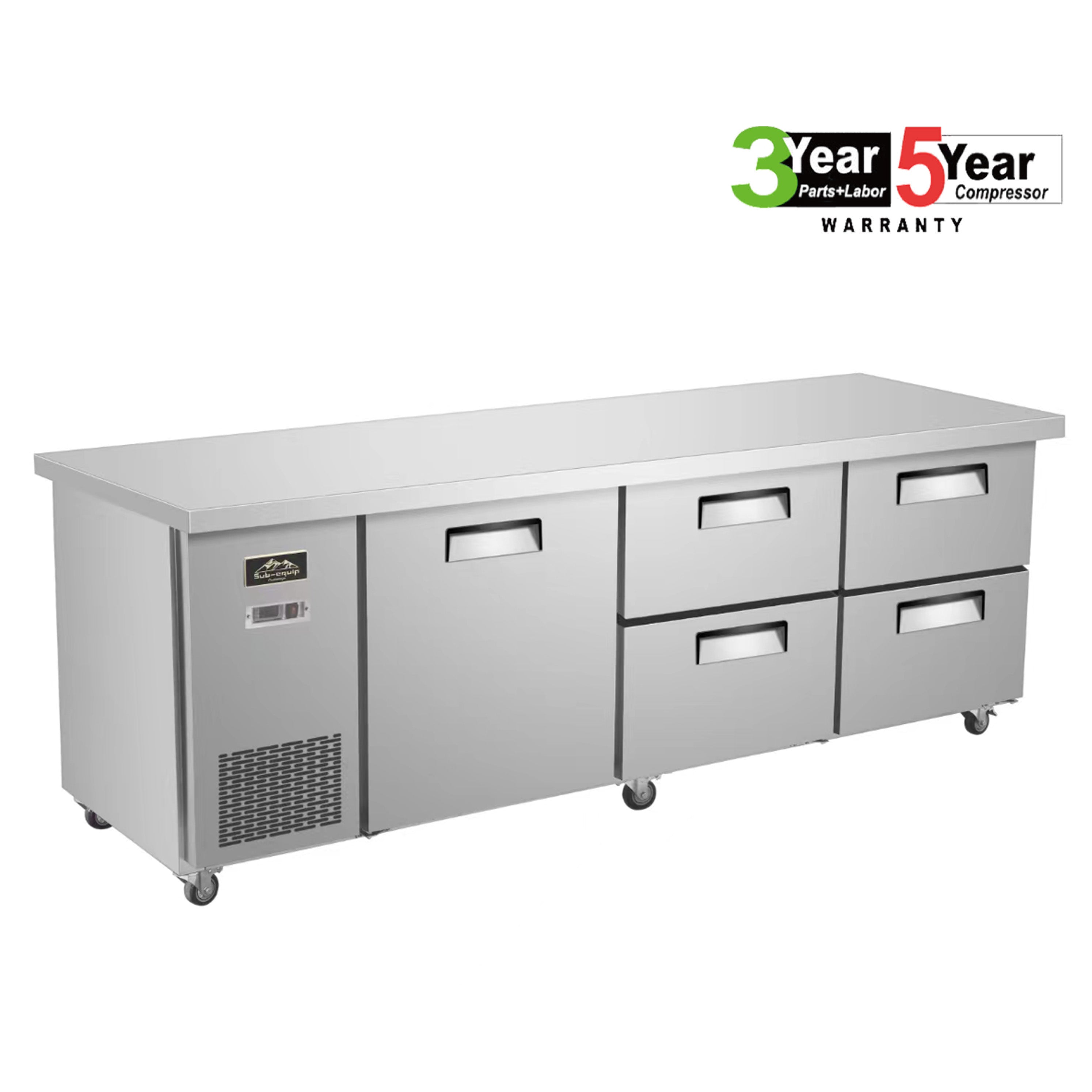 Sub-equip 84" Stainless Steel Undercounter Freezer with side Mounted Compressor and 4 drawers