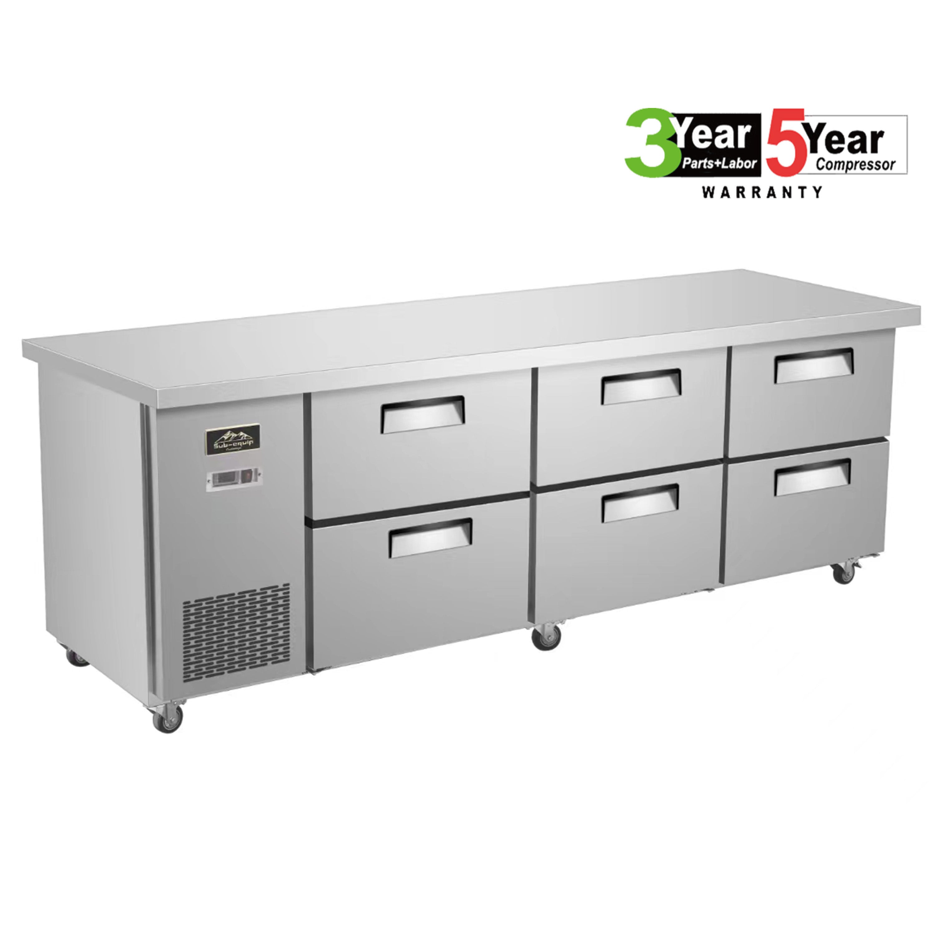 Sub-equip 96" Stainless Steel Undercounter Freezer with side Mounted Compressor and 6 drawers