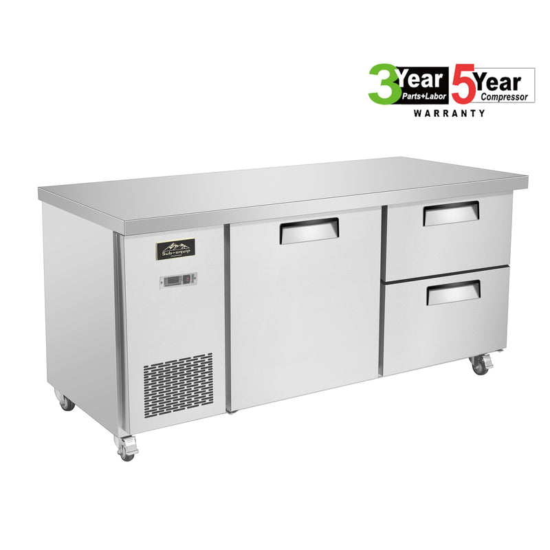 Sub-equip, 60" Stainless Steel Undercounter Freezer with side Mounted Compressor and 2 drawers