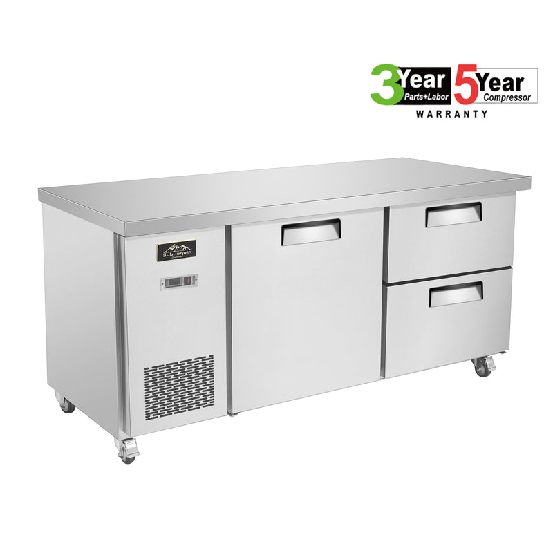 Sub-equip, 60" Stainless Steel Undercounter Refrigerator/Cooler with side Mounted Compressor and 2 drawers